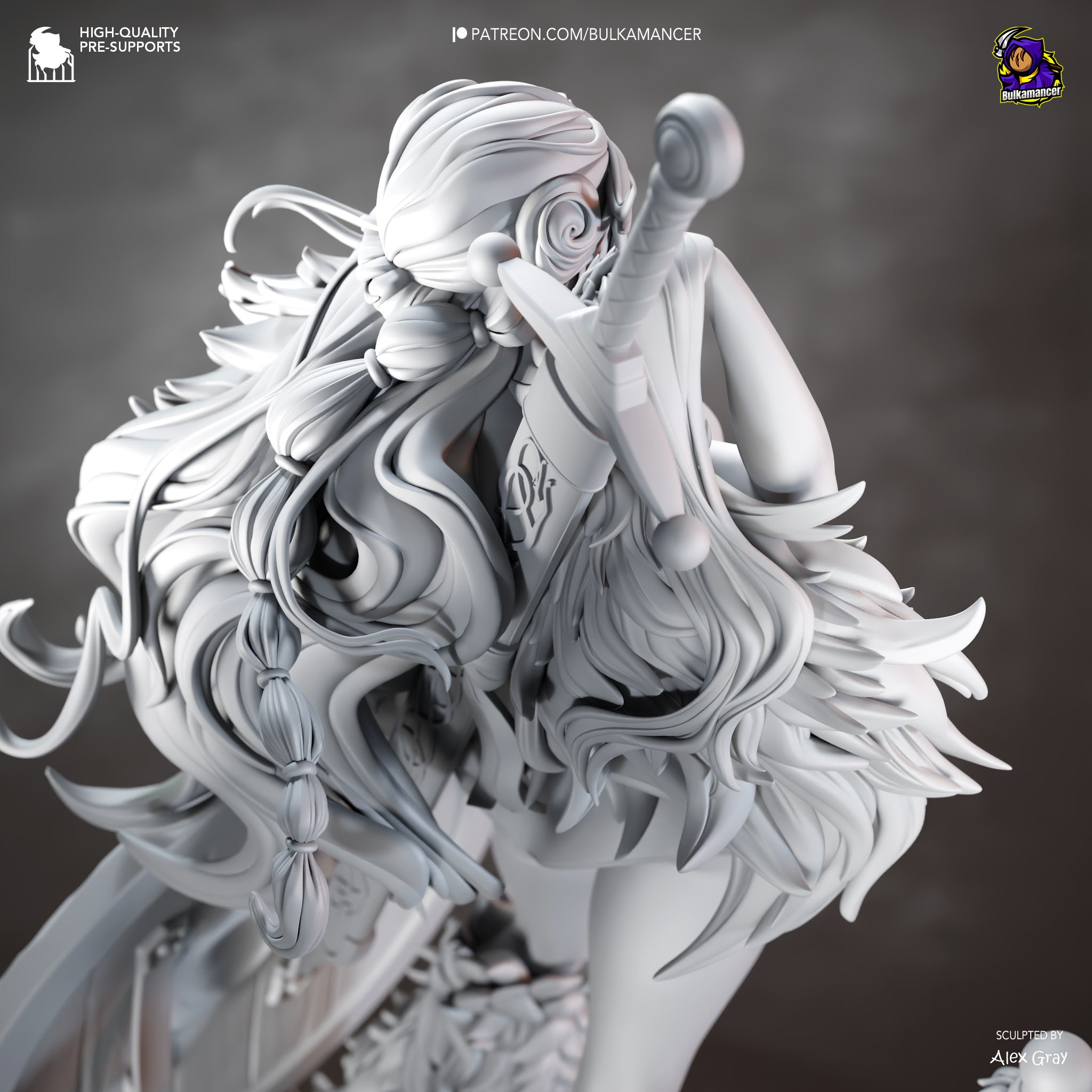 The image is a detailed, intricate statue of a female character with flowing, elaborate hair and a sword. The statue appears to be a highly skilled warrior or warrior princess, with a strong and determined expression. The image is a close-up view of the statue, showcasing the intricate details and craftsmanship of the artwork.