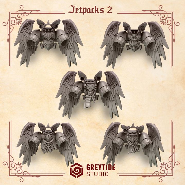 five winged jetpack designs, each with a unique design and color scheme. The jetpacks are arranged in a grid-like pattern, with each design positioned next to its corresponding image. The image is a collage of five distinct images, showcasing the variety of winged jetpack designs.