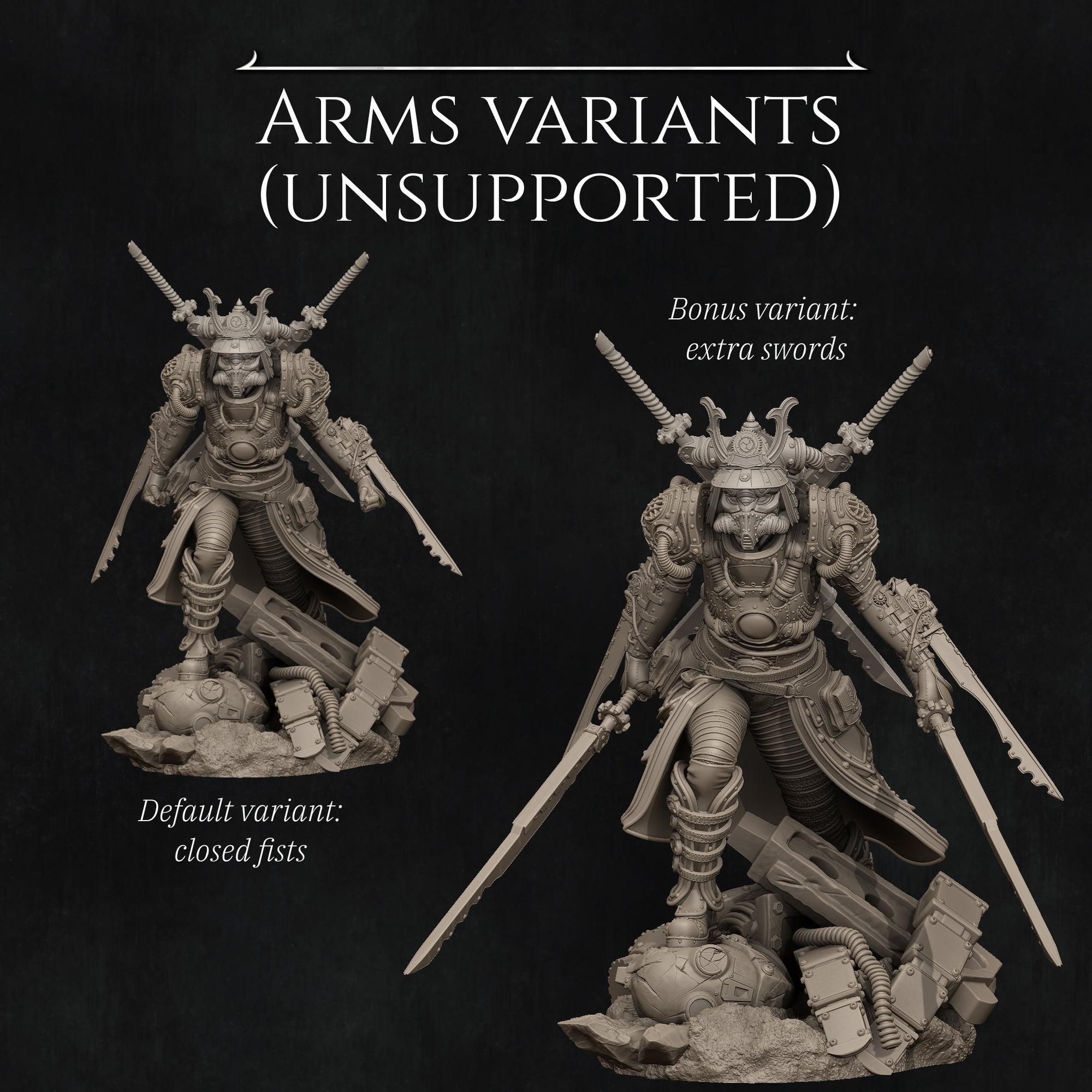 two different arms variant sculptures, one with an extra sword and the other with closed fists.