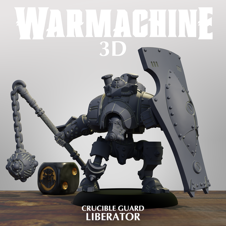 a 3D rendering of a crucible guard Liberator, a type of armored warrior, with a chain and a shield.