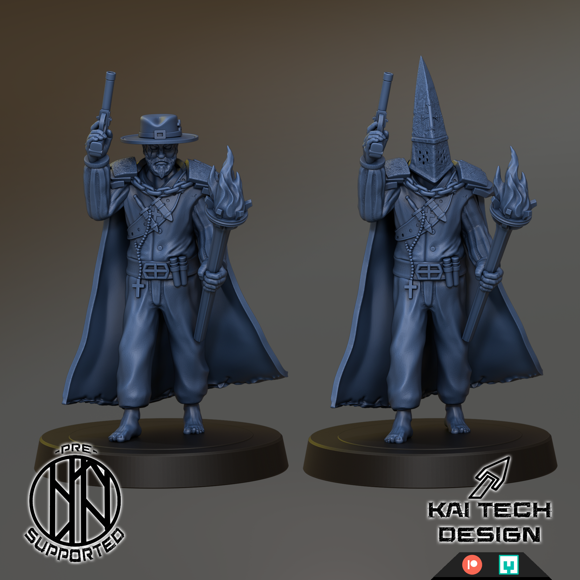 two blue-colored figurines of characters, one holding a gun and the other a torch, standing on a platform.
