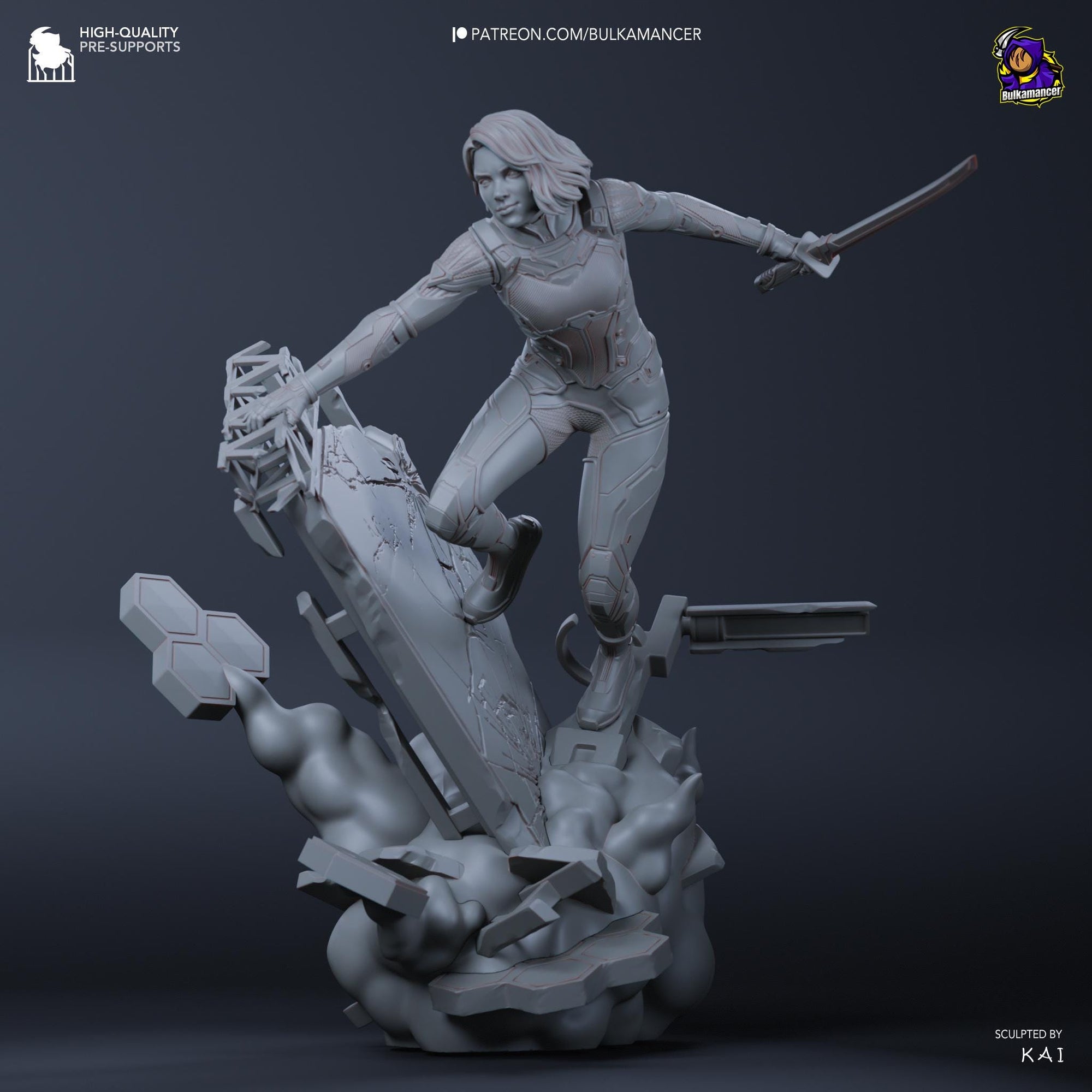 a statue of a woman holding a sword on top of a rock