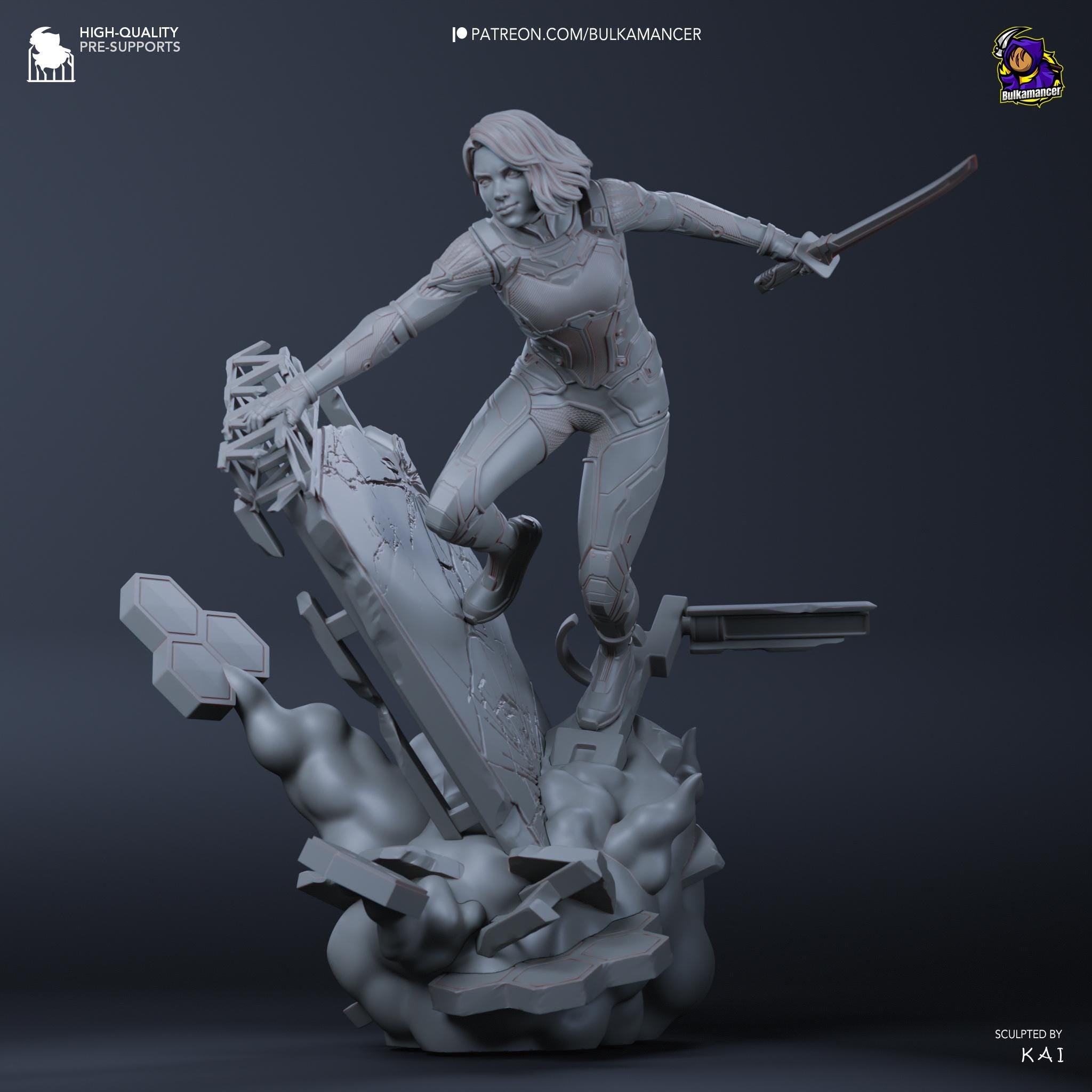a statue of a woman holding a sword on top of a rock