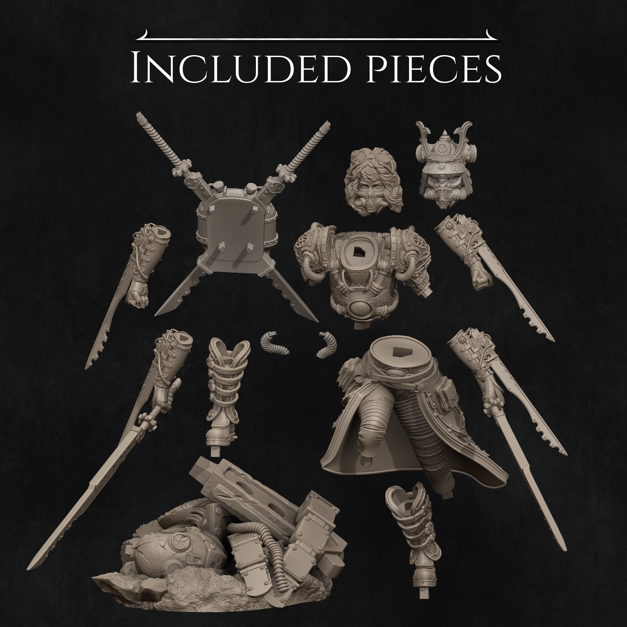various pieces of armor and weapons, including swords, spears, and helmets, arranged against a dark background.