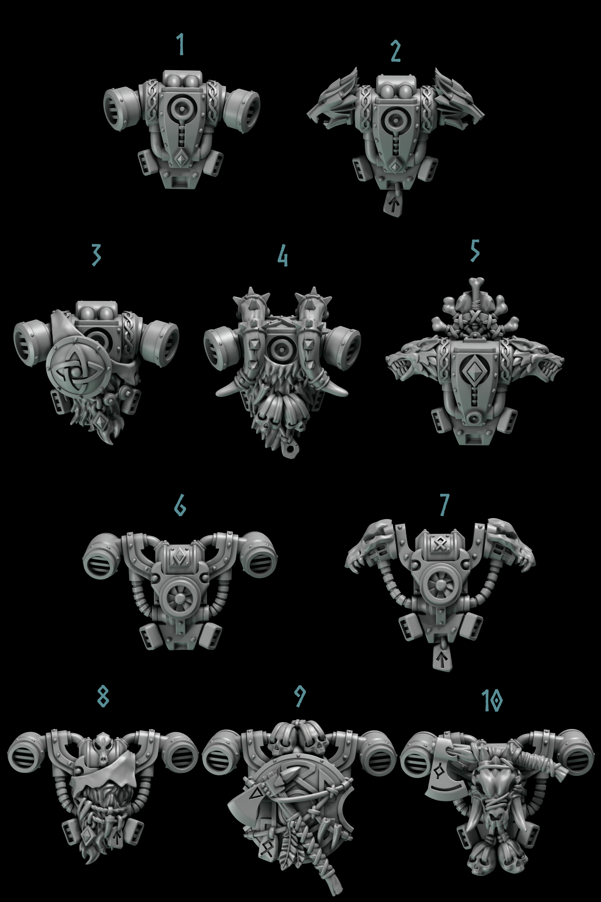 nine different views of futuristic-looking helmets or shields, each with unique designs and features.