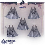 five detailed figurines of robes or cloaks, each with unique designs and features. The robes are displayed against a purple and white background, and the image is labeled with the text "CLOAKS" and "GREYTIDE STUDIO".