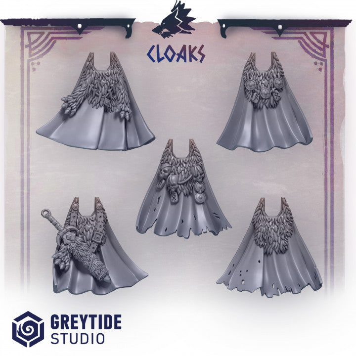 five detailed figurines of robes or cloaks, each with unique designs and features. The robes are displayed against a purple and white background, and the image is labeled with the text "CLOAKS" and "GREYTIDE STUDIO".