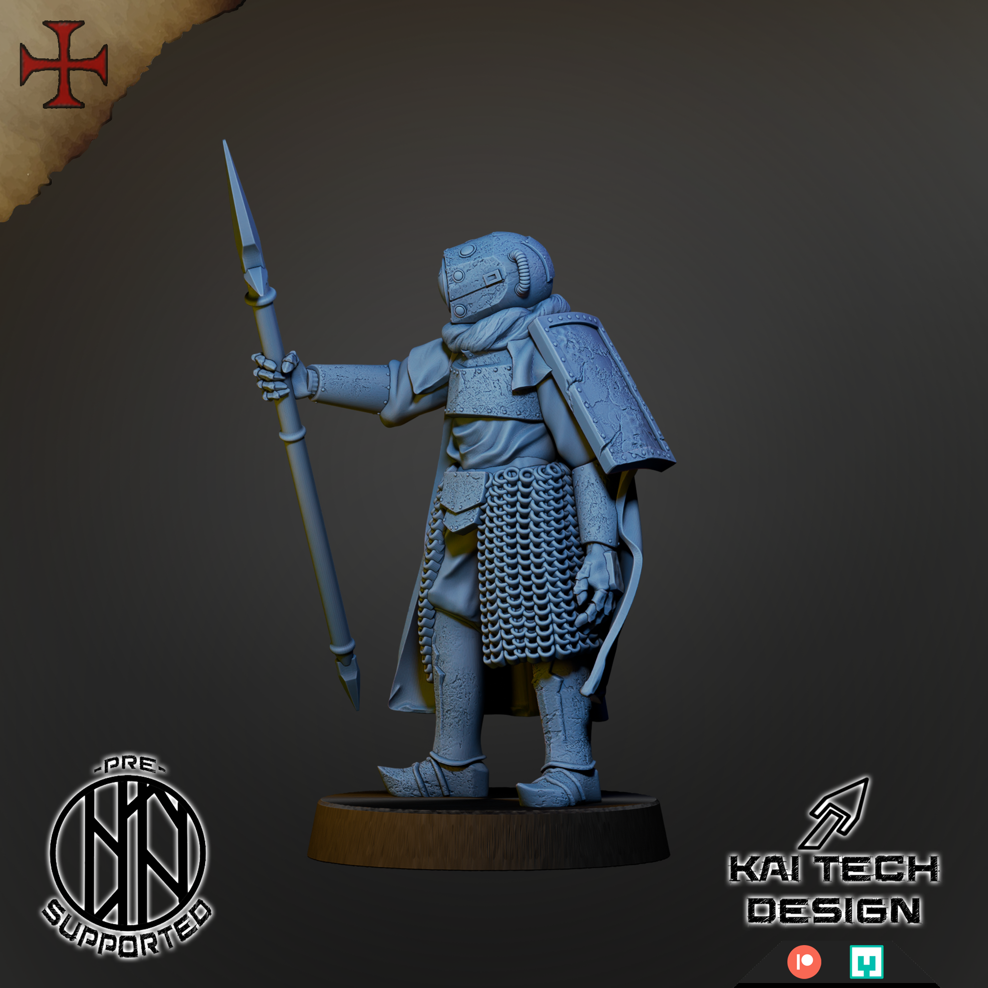 A 3D model of a knight figure holding a spear and standing on a base, with a dark background.