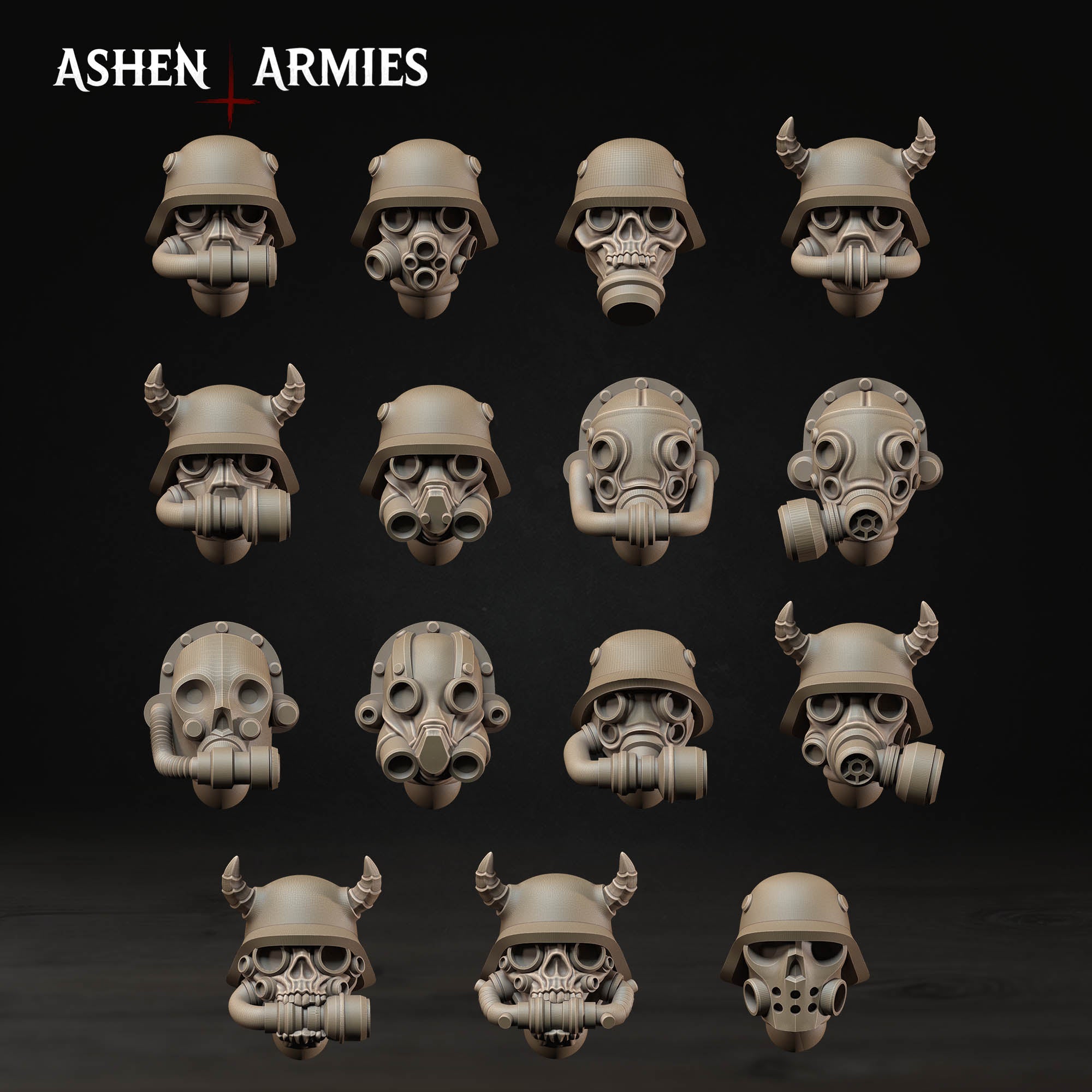 a collection of 12 different skull-shaped helmets, each with unique features such as horns, gas masks, and other accessories. The helmets are arranged in a grid-like pattern against a dark background, creating a visually striking and detailed display.