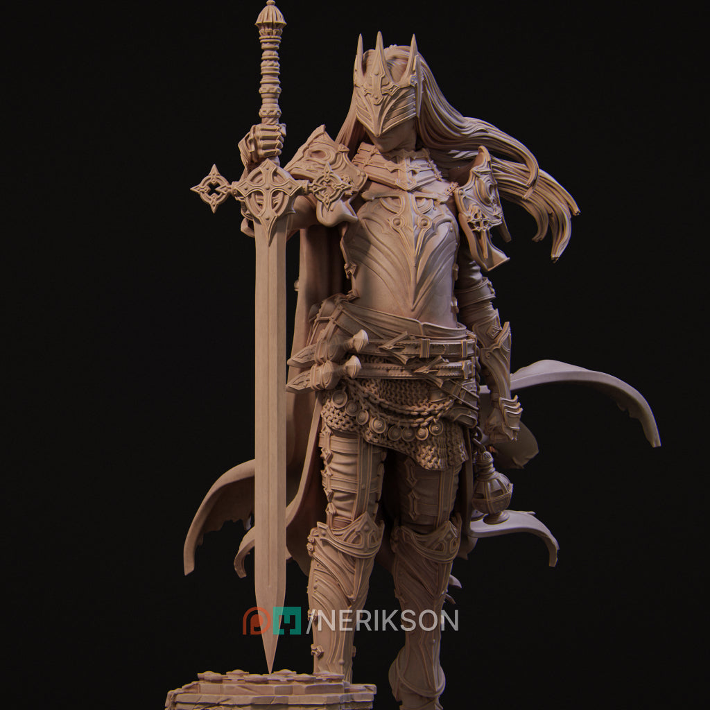 A detailed 3D model of a knight in armor, holding a sword and standing in a fighting stance.