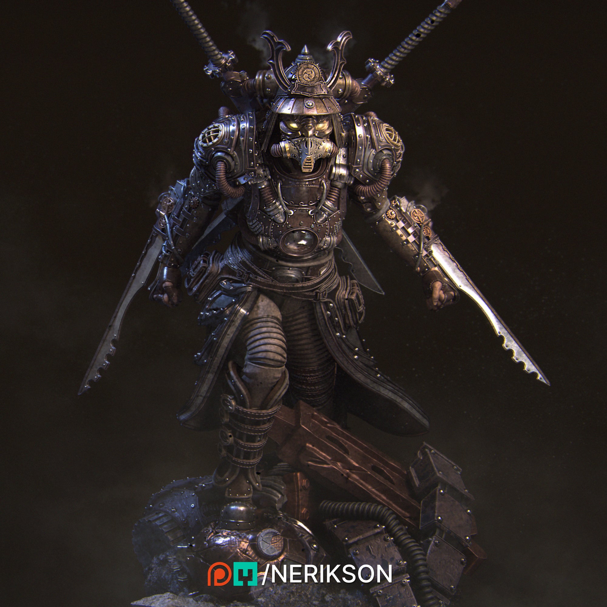 A heavily armored and armed warrior figure, likely inspired by Japanese armor, stands in a dark, mysterious setting.