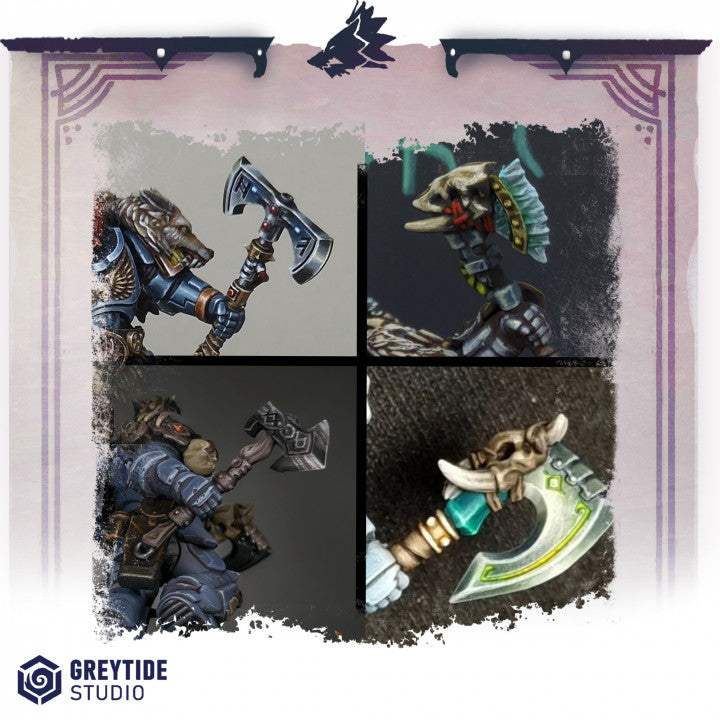 The image is a collage of four different images featuring various fantasy weapons and armor pieces.