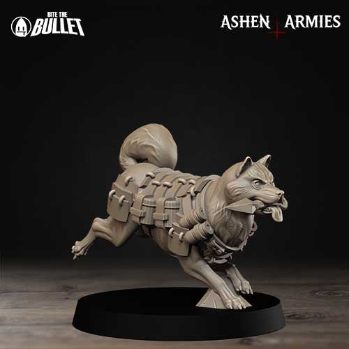 A detailed figurine of a dog, possibly a wolf or a similar canine creature, is depicted in a dynamic pose, with its body twisted and arms extended. The figurine is set against a dark background, which emphasizes its form and features.