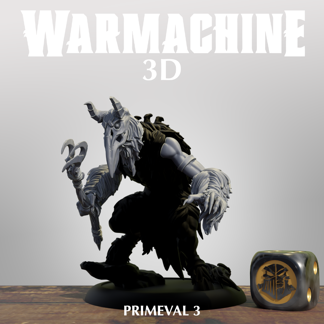 a 3D model of a creature with horns and a mask, along with a dice and a figurine.