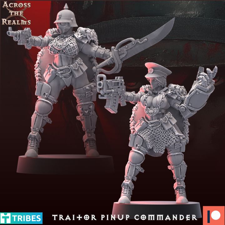 two detailed 3D models of female characters, one standing and one kneeling, both wearing heavily armored and armed outfits. The characters appear to be from a fantasy or science fiction setting, with intricate details and realistic poses.