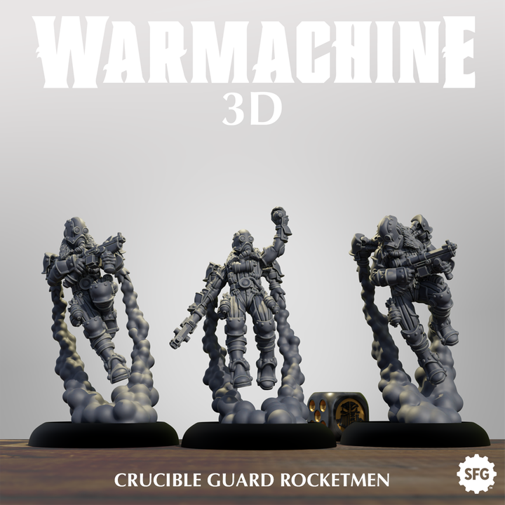 three figurines of Crucible Guard Rocketmen, a group of futuristic-looking soldiers with advanced weaponry, standing on platforms and emitting smoke trails.