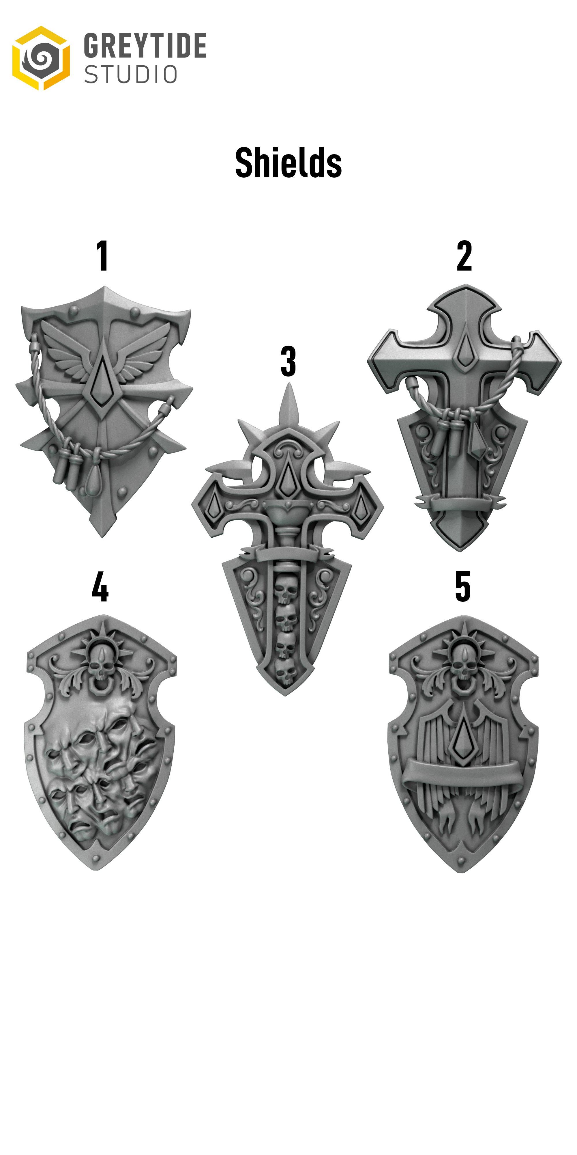 five different shield designs, each with unique features and patterns.