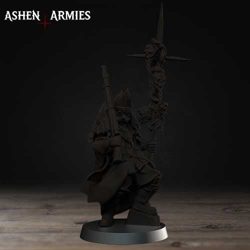 A dark, shadowy figure holding a sword and a cross stands in the center of the image, with the text "ASHEN ARMIES" displayed above it.