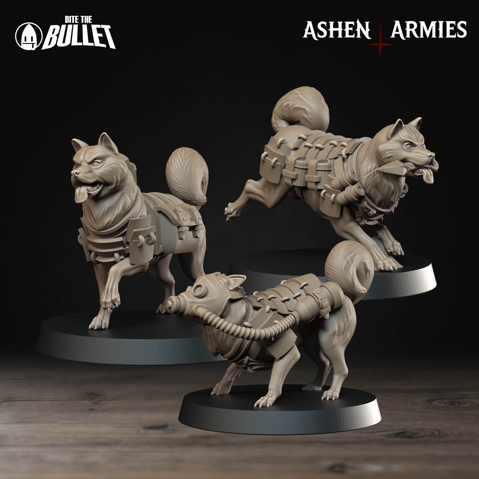 three figurines of dogs, each with different poses and expressions, displayed on platforms against a dark background.