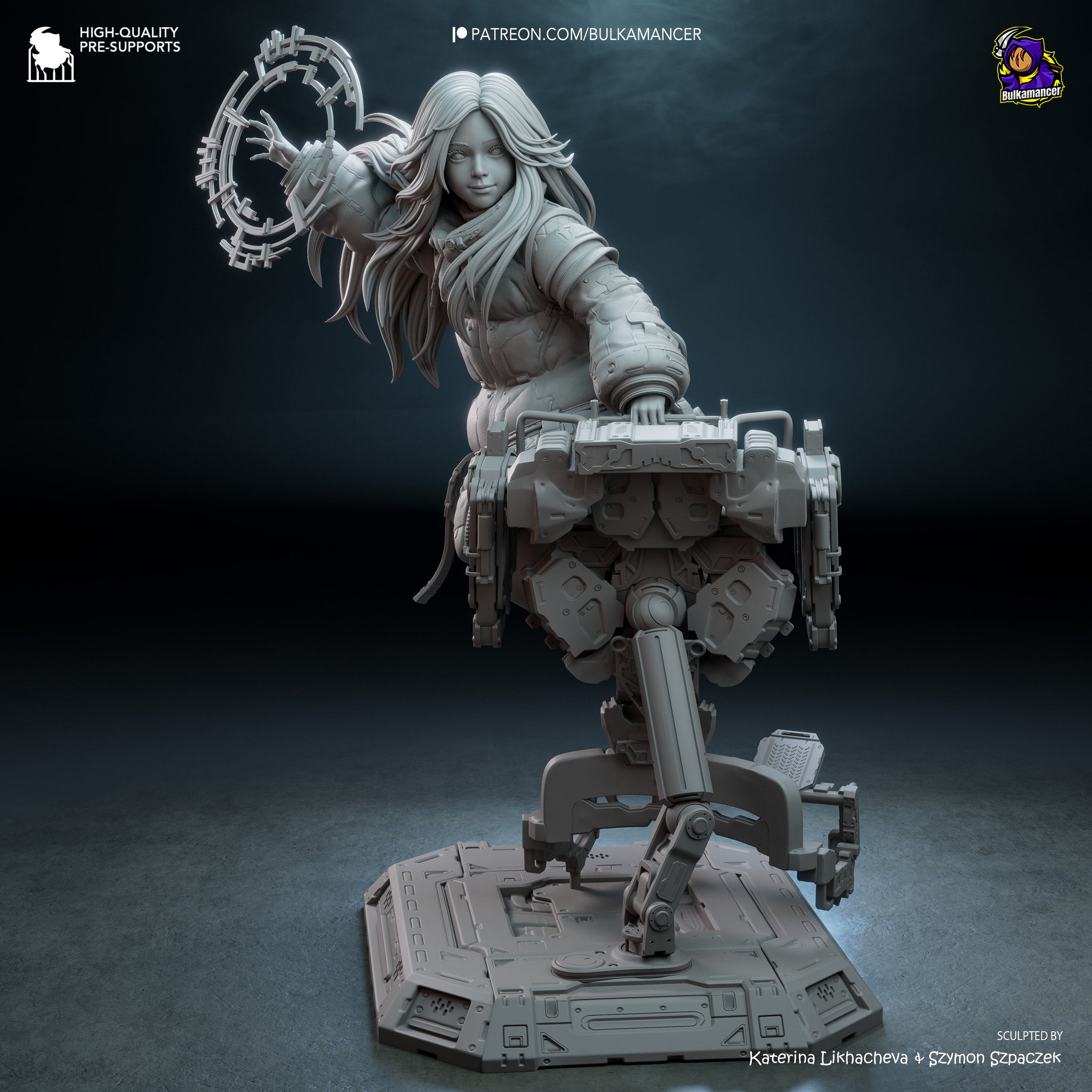 A 3D rendering of a female character with long hair, wearing a futuristic-looking outfit and holding a futuristic weapon. The character is standing on a platform with various mechanical components.