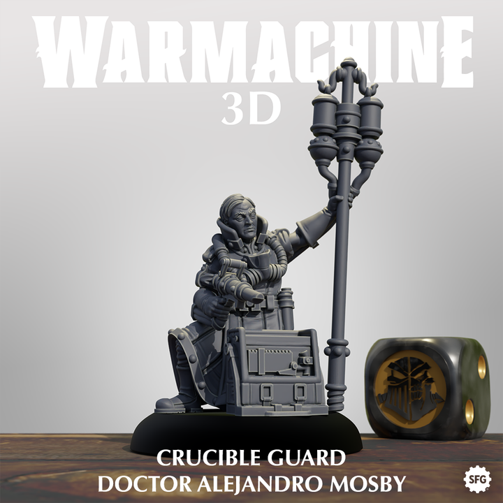 a crucible guard figure, a 3D model of a character with a crucible and a lamp, sitting on a table.