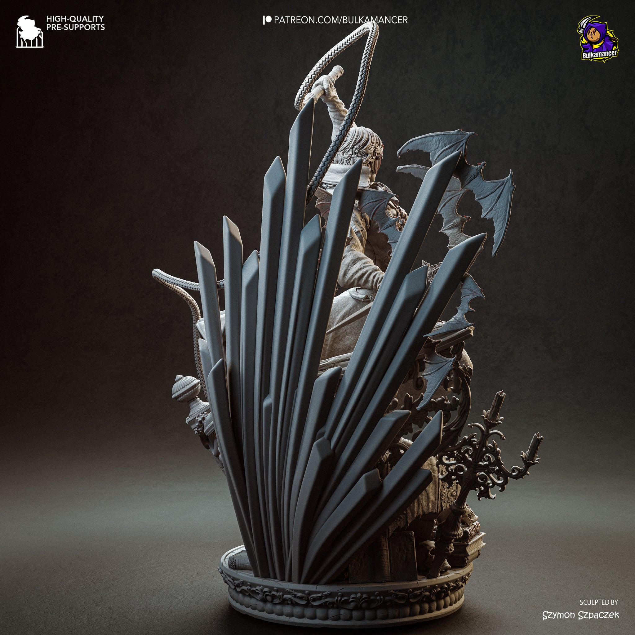 A detailed 3D model of a fantasy character, possibly a dragon or mythical creature, with intricate details and a dark, moody aesthetic.