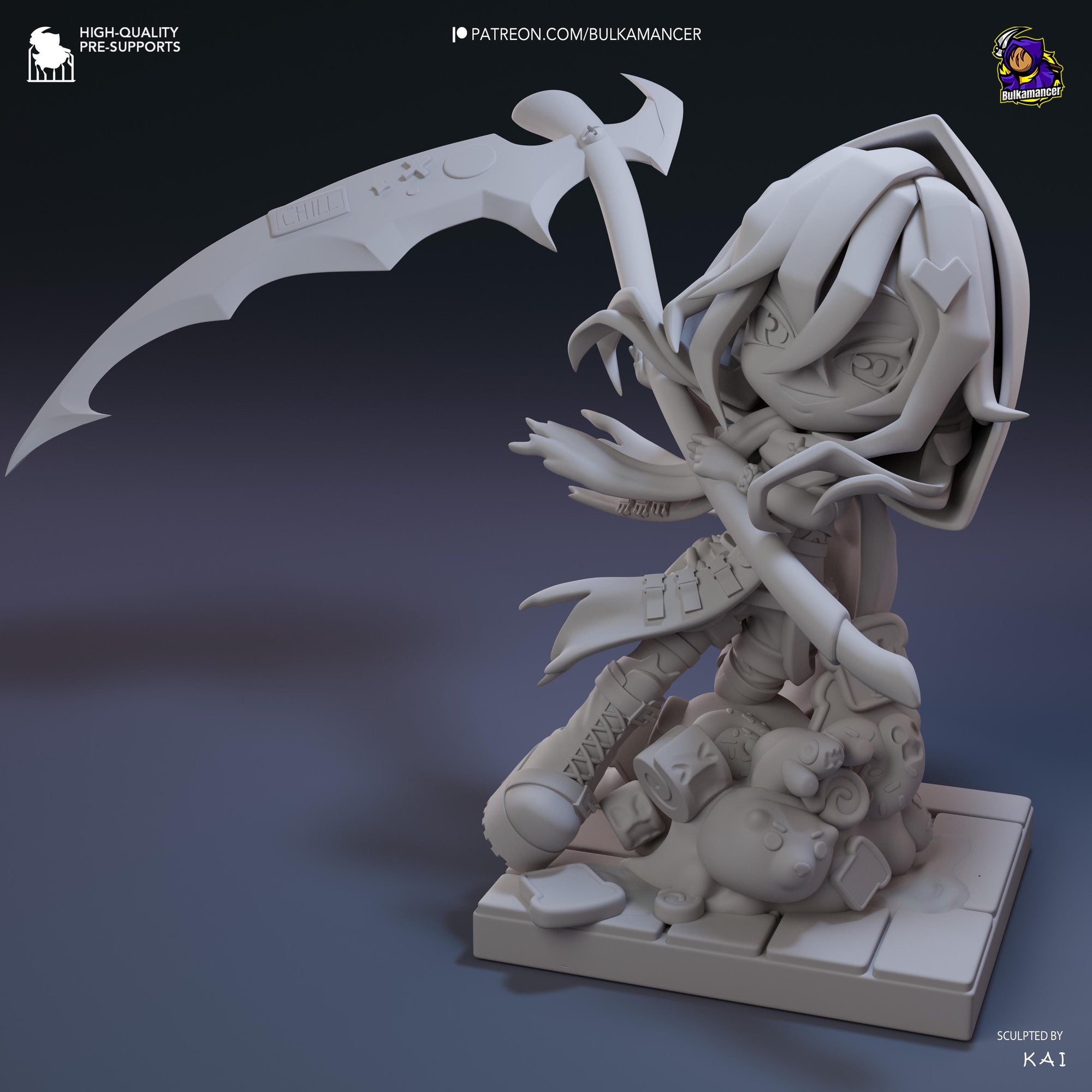 Bulka Chibi Unpainted Resin Statue | Cute Reaper Chibi with Scythe | Dark Fantasy Mini Figure | 108mm Display Model | 3D Printed