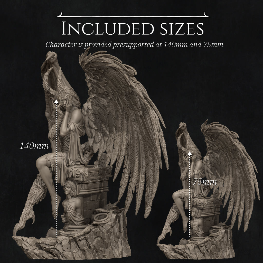 a statue of a winged figure, with wings spread wide, sitting on a pedestal. The statue is provided in two different sizes, 140mm and 75mm, to accommodate various preferences or requirements.
