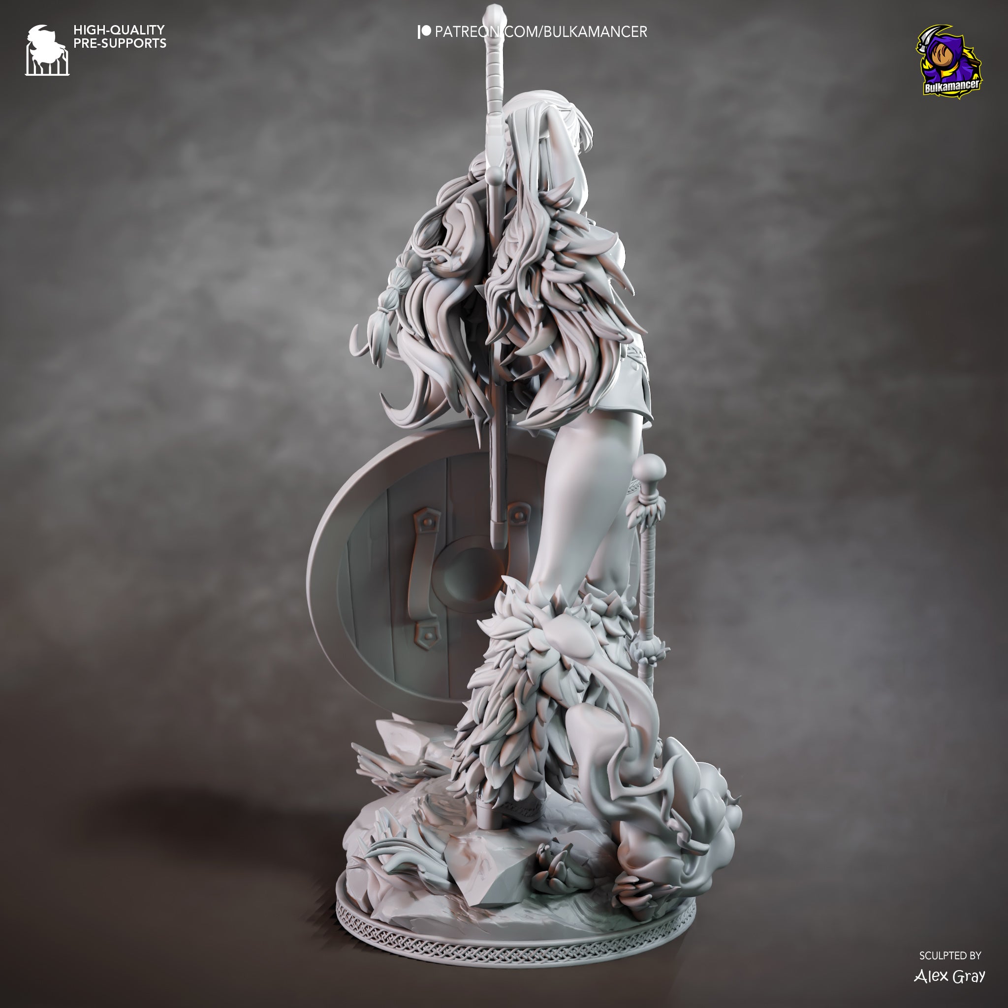 The image is a detailed sculpture of a female figure with long hair and a shield, standing on a base with a lot of intricate details.