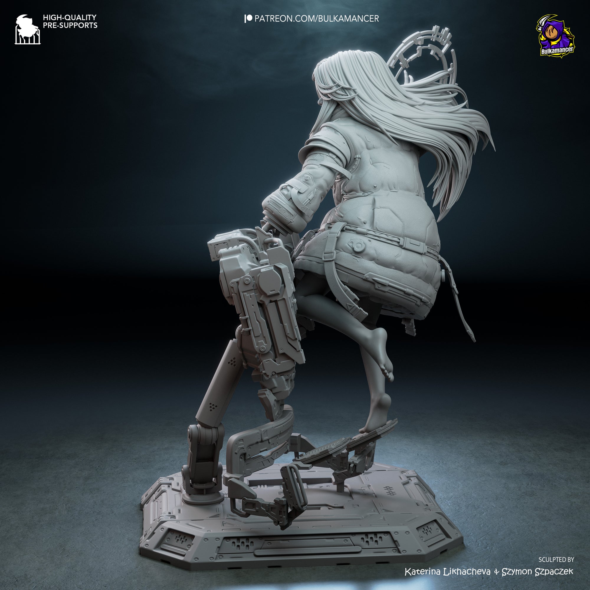 A 3D rendering of a female character with long hair, wearing a futuristic-looking outfit and holding a futuristic weapon. The character is standing on a platform with various mechanical components.