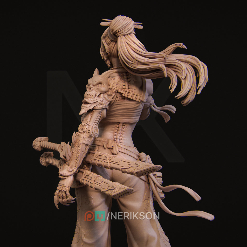 A detailed 3D model of a female warrior figure, with intricate armor and weapons, is shown against a dark background.