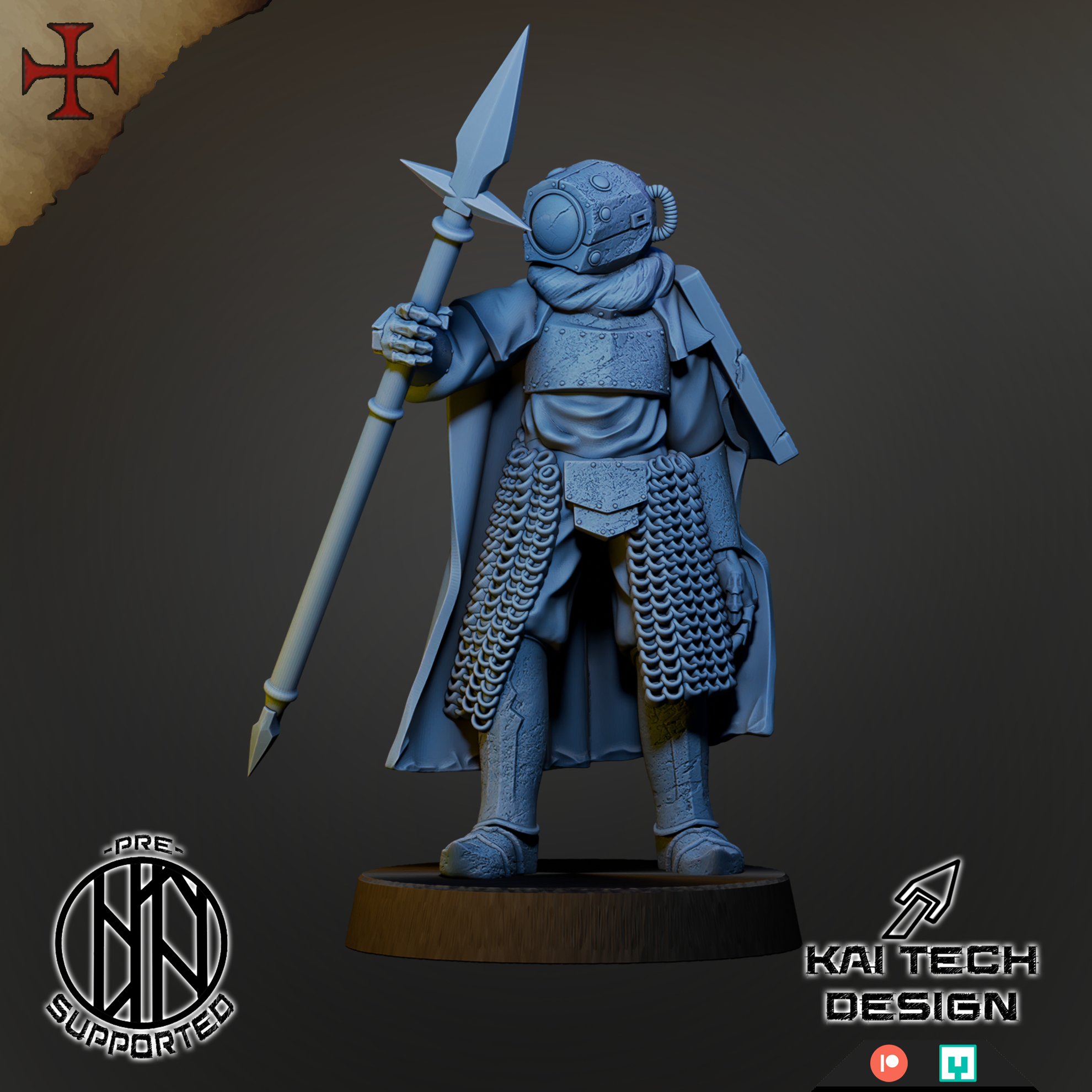 A 3D model of a knight figure holding a spear and wearing a helmet, standing on a pedestal.