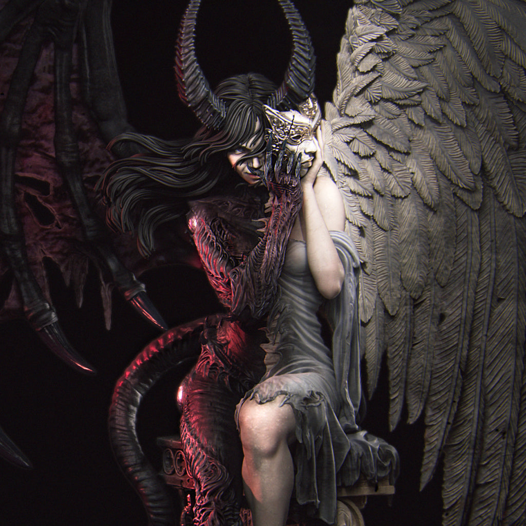 A dark, fantastical scene featuring a winged, horned figure with intricate, detailed features.