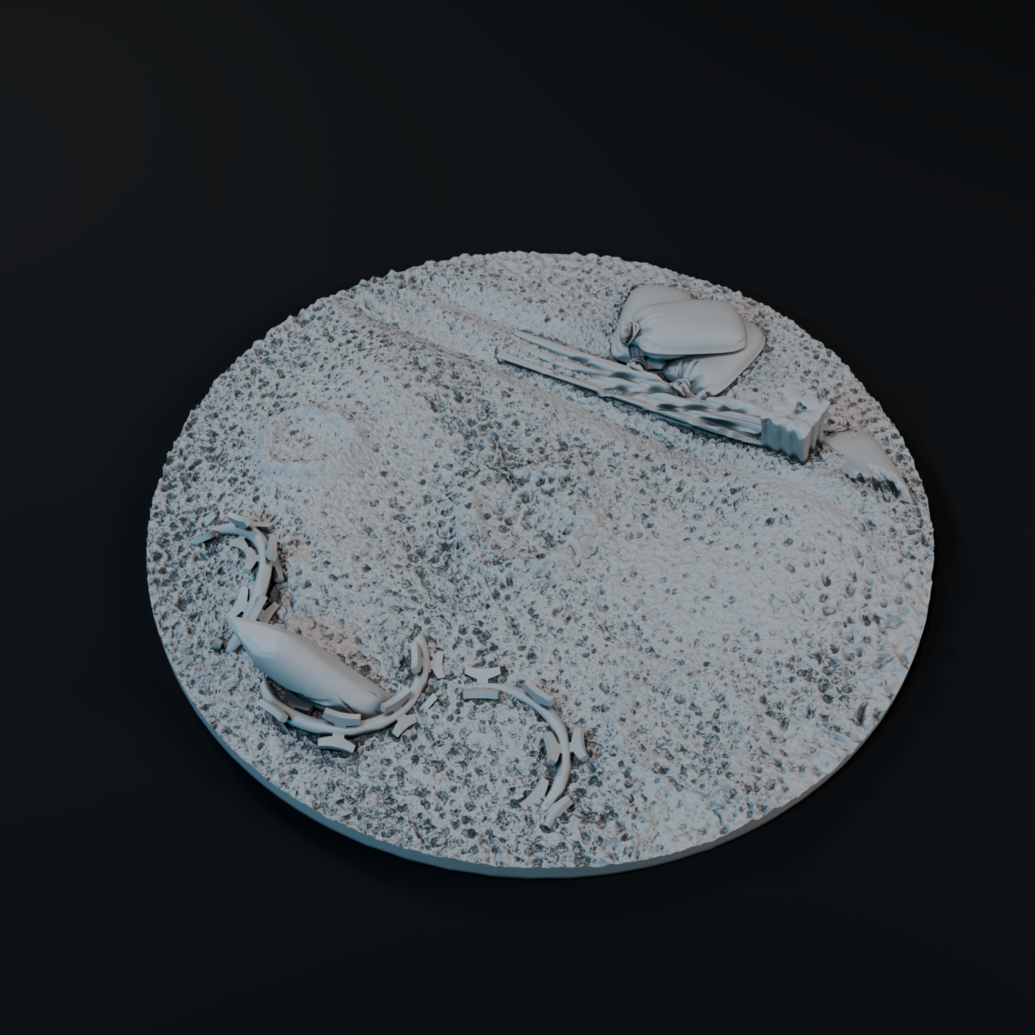 A 3D rendering of a circular platform with a textured surface, featuring two small objects resembling fish or sea creatures.