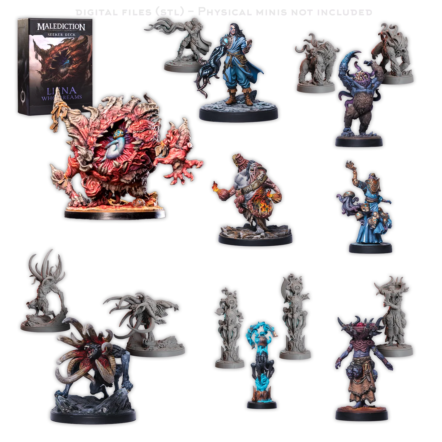 a collection of various figurines and statues, including fantastical creatures and characters, arranged against a dark background.