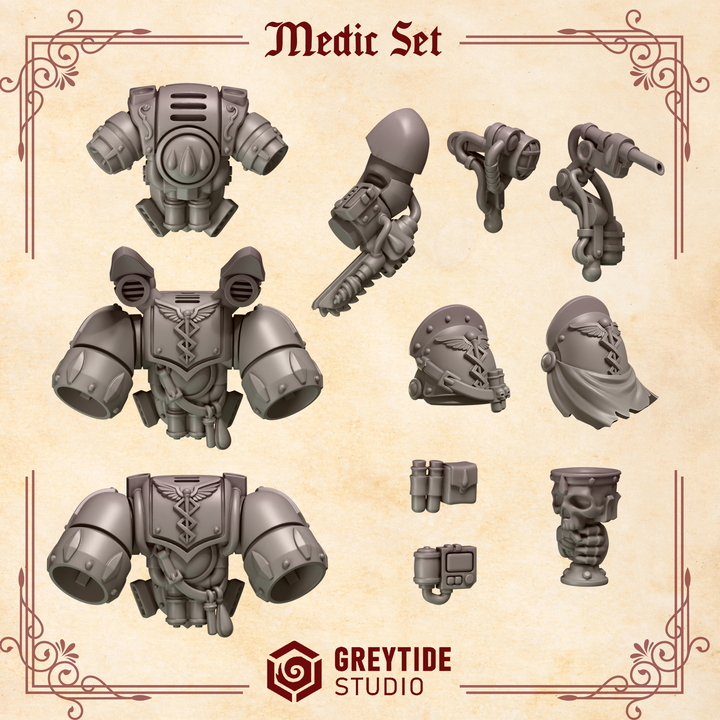 various medical equipment and armor pieces, including helmets, shields, and other protective gear, arranged in a set.