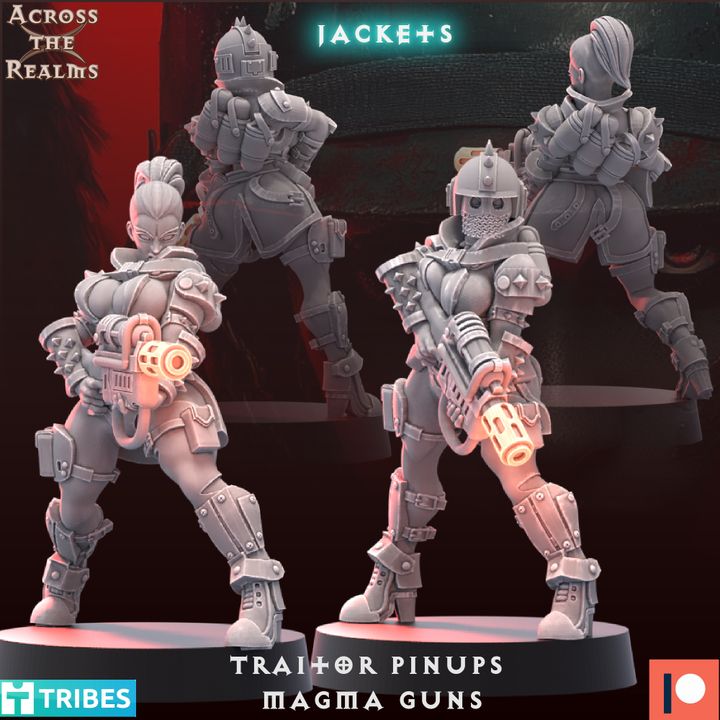 The image is a collage of three 3D models of female characters, each with unique armor and weapons, set against a dark background. The text "TRAIL OR PINUPS MAGMA GUNS" is visible, indicating the theme or genre of the image.