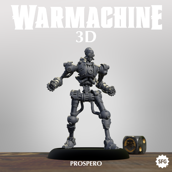 a 3D model of a robot or mechanical figure, placed on a base, with a dice and a small object in the foreground.