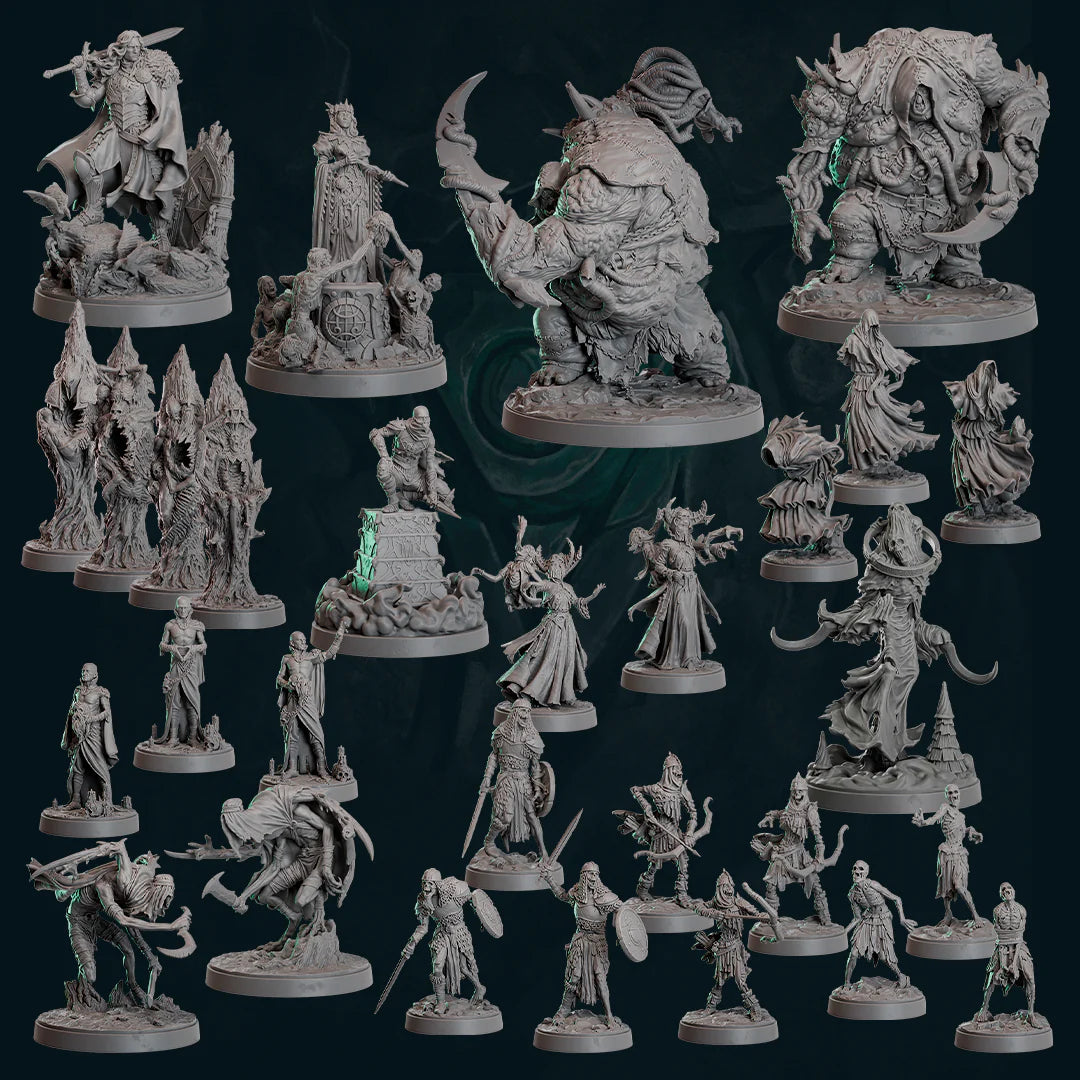 a collection of various figurines and statues, including fantasy creatures, characters, and other fantastical elements, all set against a dark background.