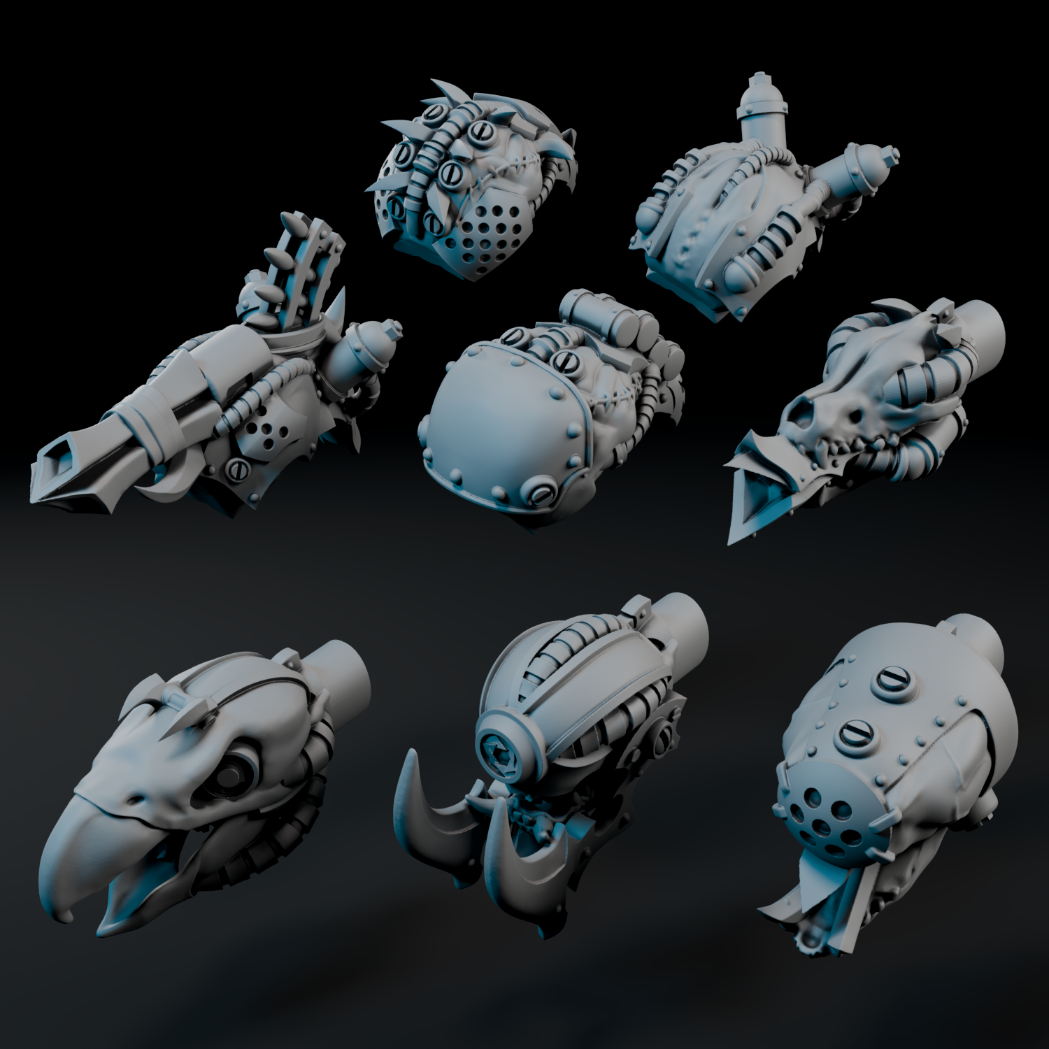 nine 3D models of futuristic-looking weapons or gadgets, including various types of missiles, tanks, and other metallic devices.