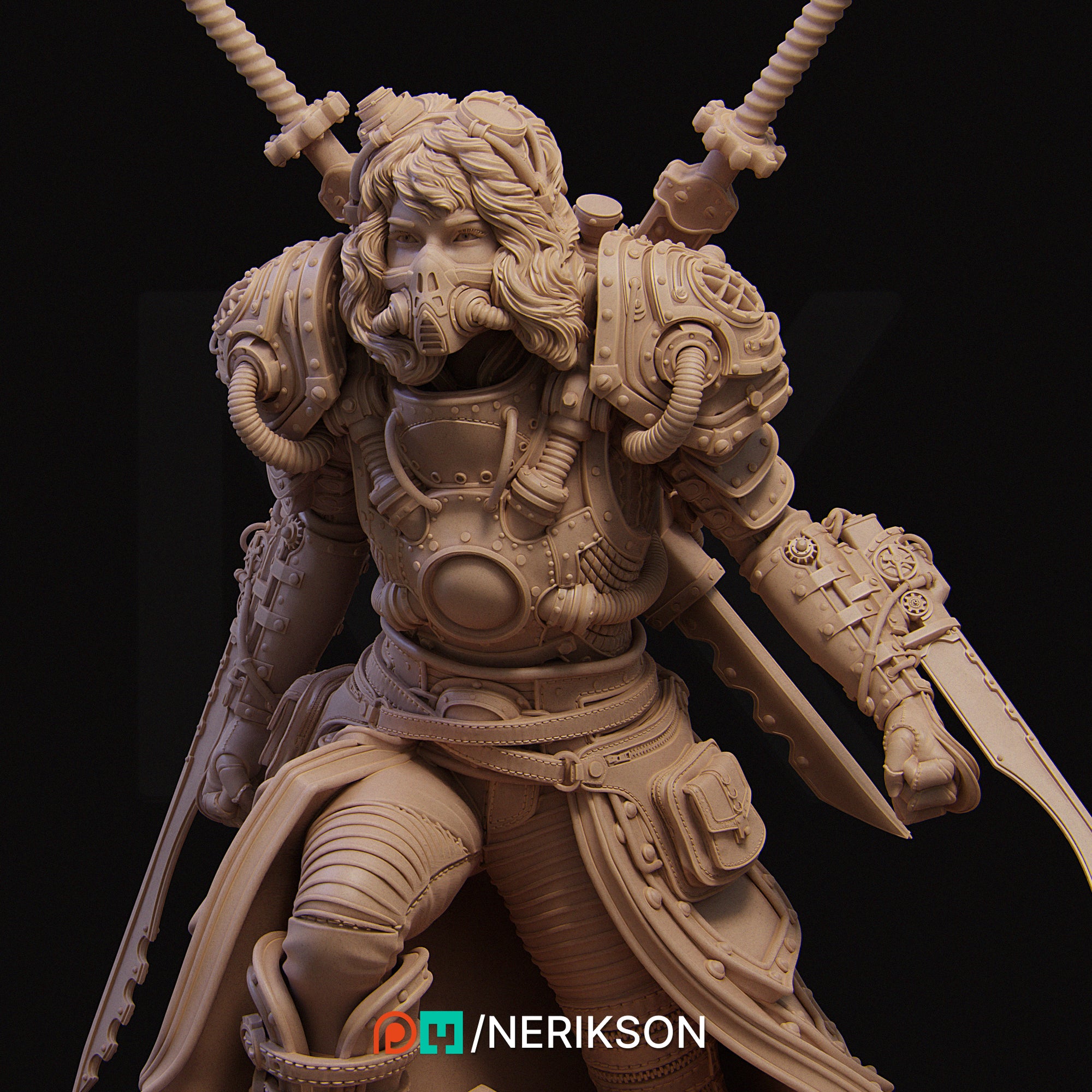 A detailed 3D model of a futuristic-looking character, possibly a warrior or warrior-like figure, with intricate armor and weapons.