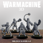 a group of five figurines of drudgeayers, a type of fantasy warrior, arranged on a wooden surface.
