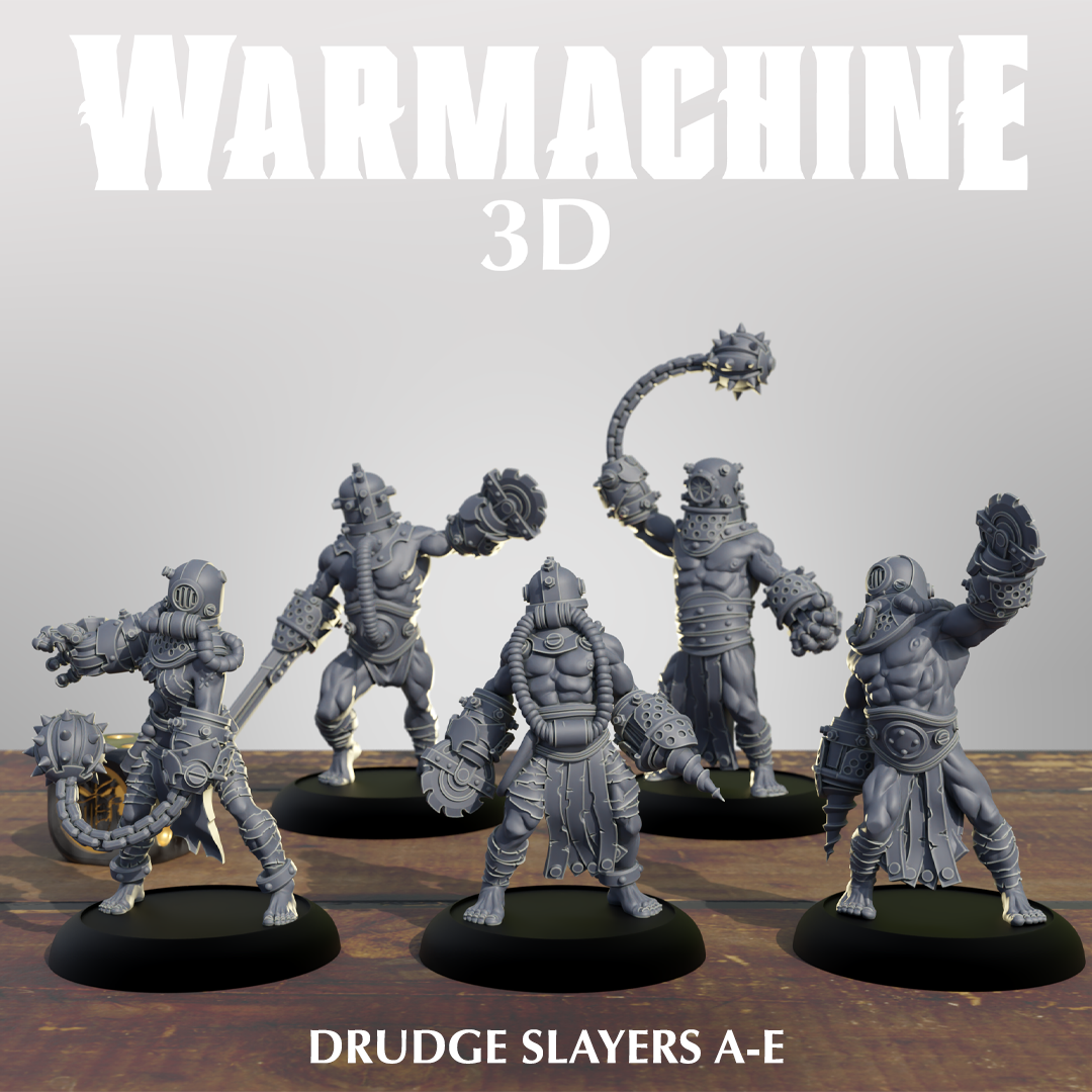 a group of five figurines of drudgeayers, a type of fantasy warrior, arranged on a wooden surface.