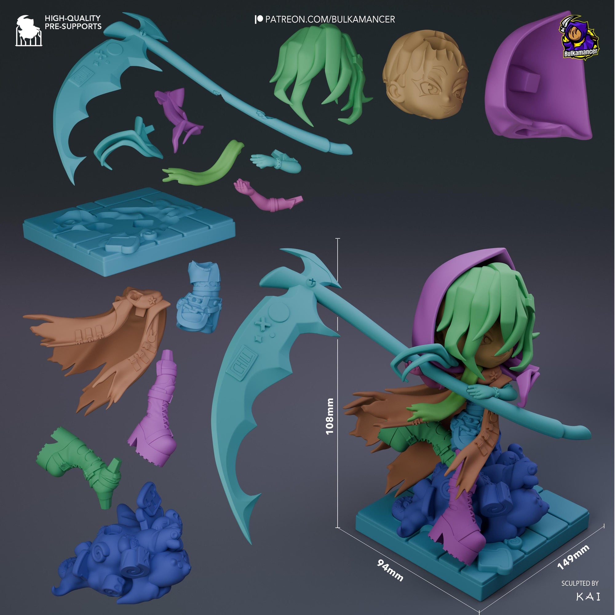 Bulka Chibi Unpainted Resin Statue | Cute Reaper Chibi with Scythe | Dark Fantasy Mini Figure | 108mm Display Model | 3D Printed