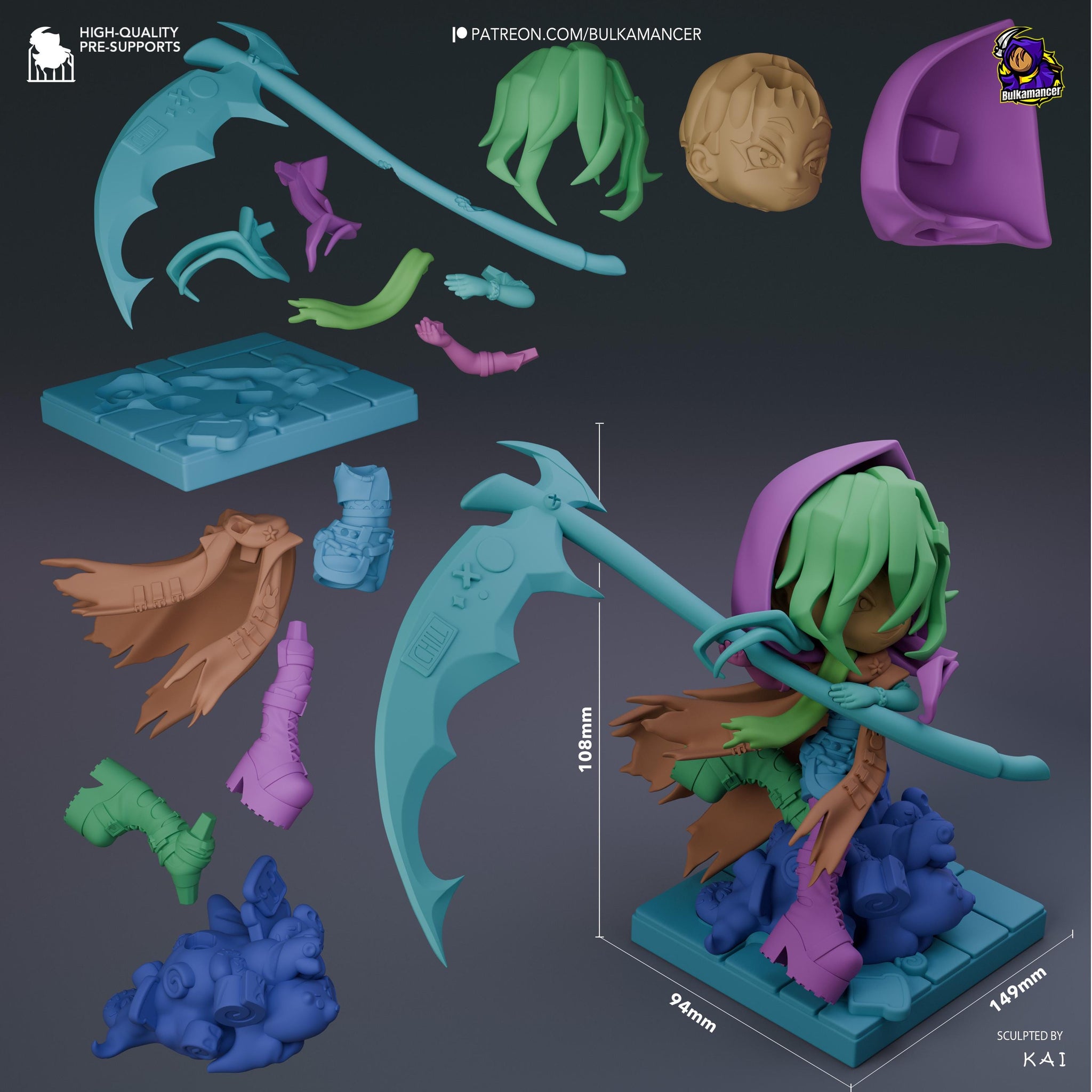 Bulka Chibi Unpainted Resin Statue | Cute Reaper Chibi with Scythe | Dark Fantasy Mini Figure | 108mm Display Model | 3D Printed