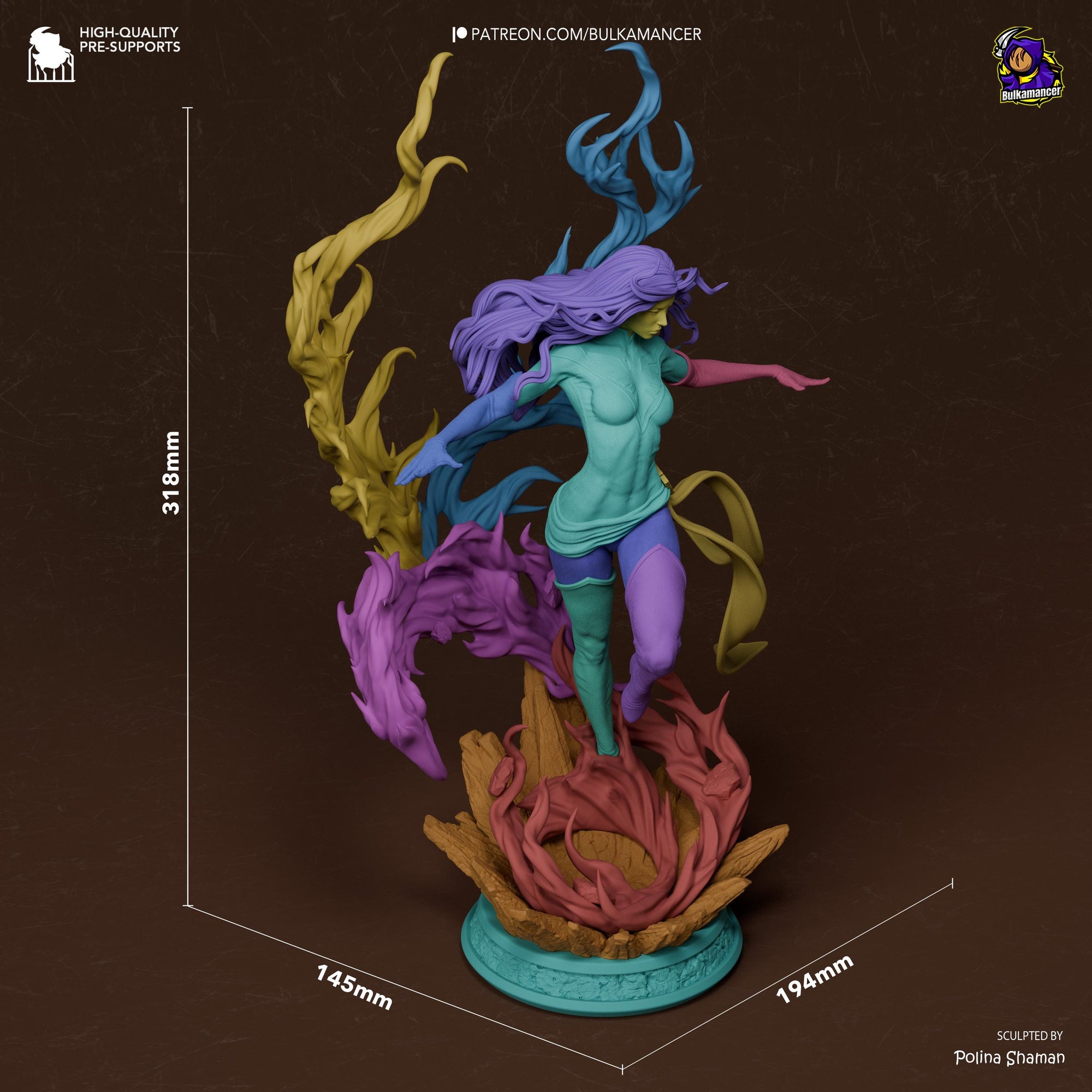 Blazing Rebirth – Elemental Fire Sorceress Display Statue | Large 3D Printed Resin Sculpture | Unpainted Collector Model