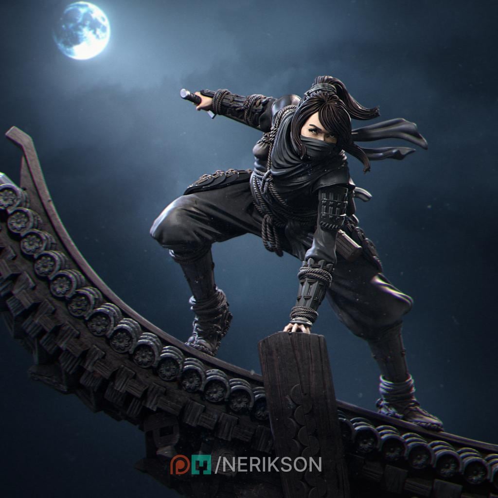 Shizuka Rooftop Ninja | 3D Printed Resin Miniature Statue | 75mm & 140mm Unpainted Figure | Nerikson
