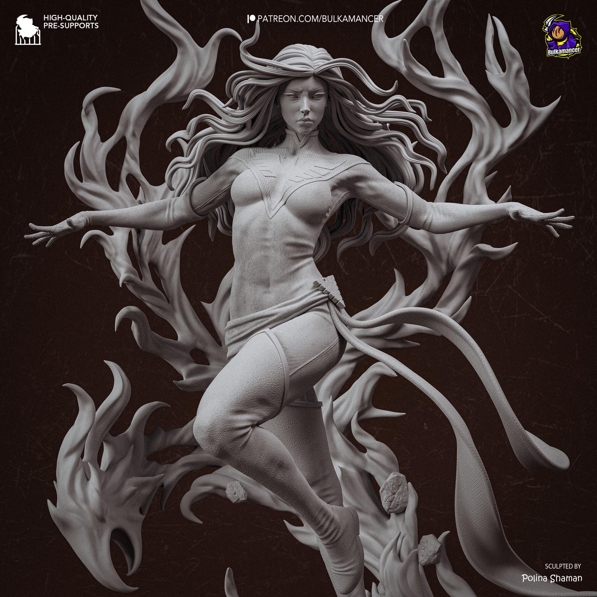 Blazing Rebirth – Elemental Fire Sorceress Display Statue | Large 3D Printed Resin Sculpture | Unpainted Collector Model