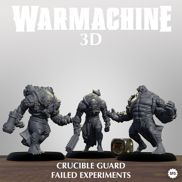 three figurines of crucible guards, each holding a crucible, arranged in a row on a wooden surface.