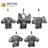 five different views of a futuristic-looking metallic object, possibly a weapon or armor piece, with wings and a skull-like design.
